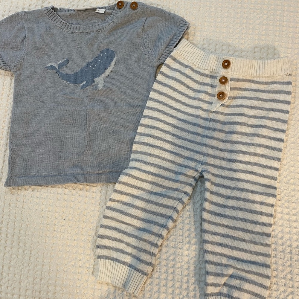 Whale intarsia sweater set. Buttons at shoulder.